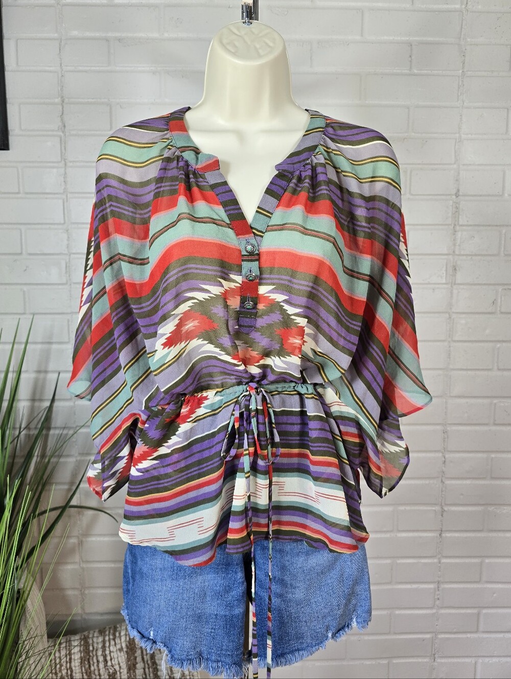 Tasha Polizzi Western Aztec Bat Wing Sheer Blouse Size Small